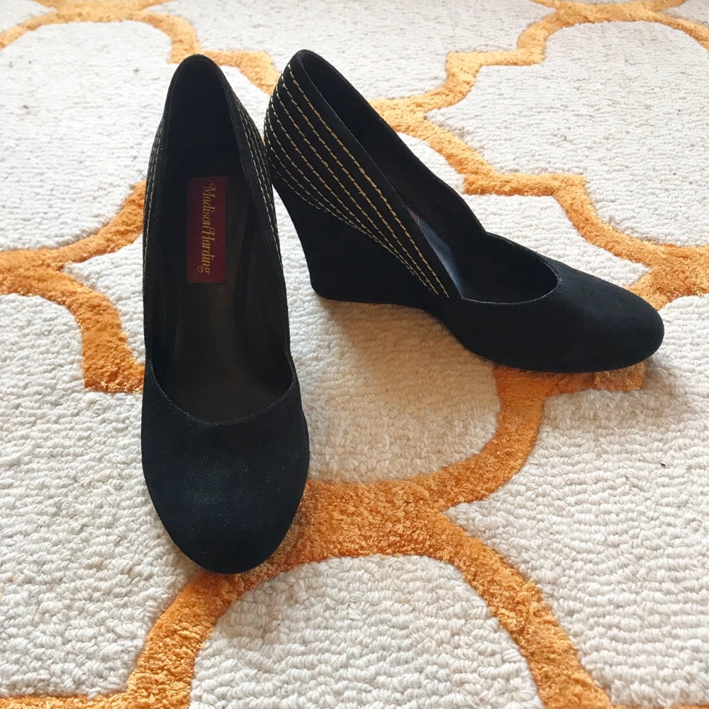 Black Wedge Heels W/Gold Contrast Stitch